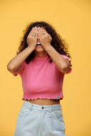 Ari Cropped Lettuce Hem Tee With Contrasting Stitching