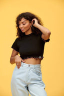 Ari Cropped Lettuce Hem Tee With Contrasting Stitching